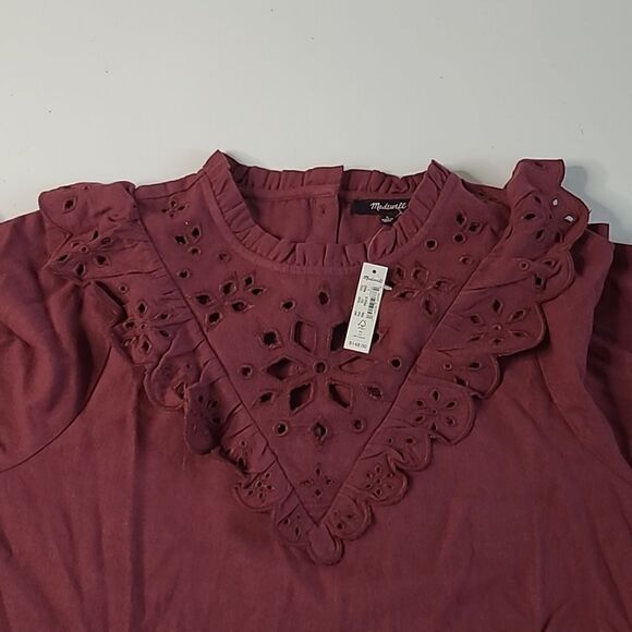 $140 NEW MADEWELL LONG SLEEVE MULBERRY MAROON RUFFLE MINI DRESS L LARGE NWT - Picture 11 of 14